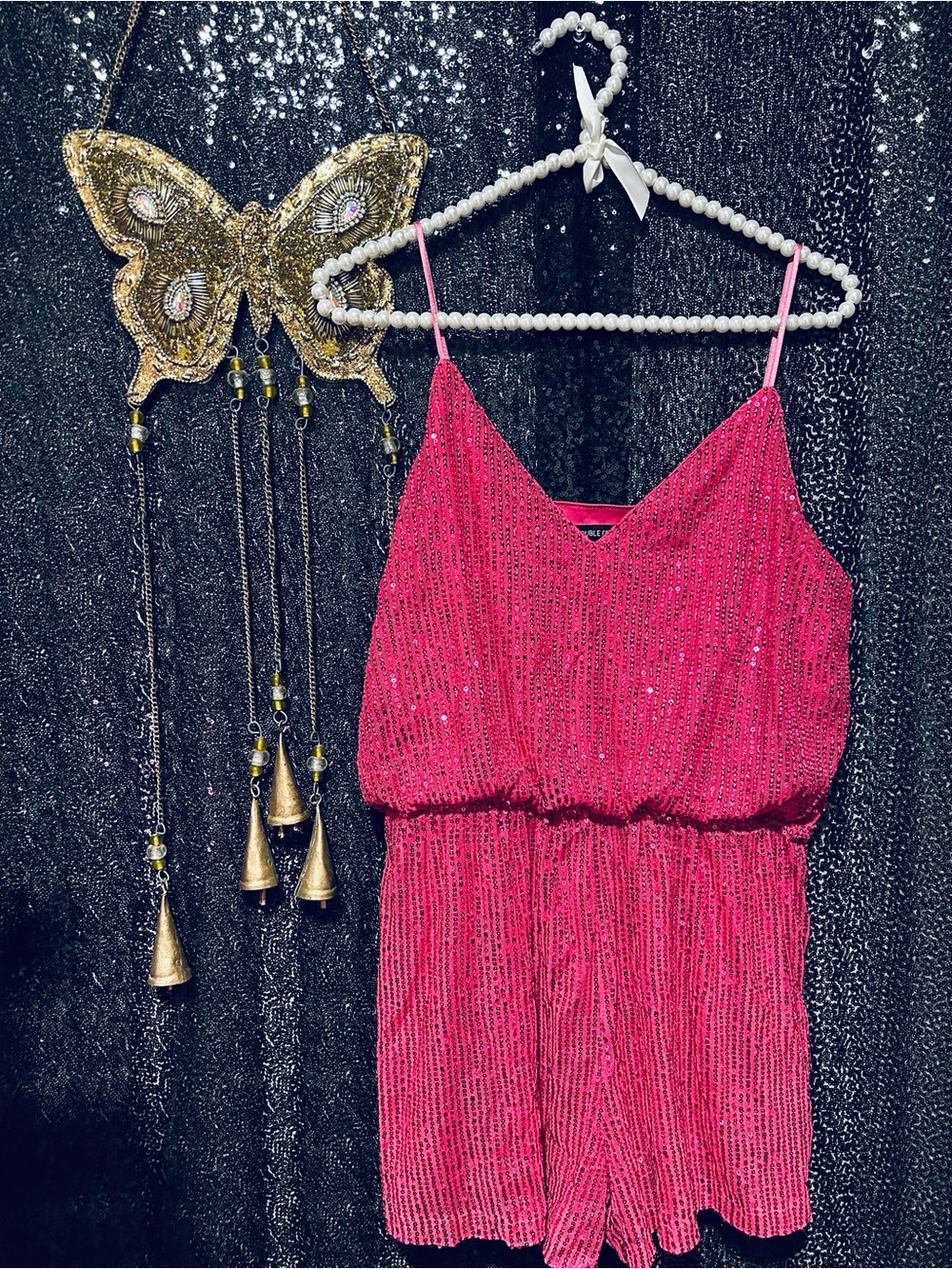 Double Crazy Pink Sequin Cami Romper - Size: Large